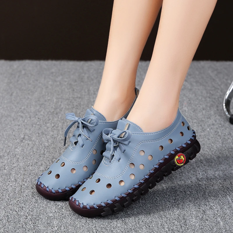 

Soft Sole Hollow Single Shoes Women 2023 Vintage Leather Low Heels Casual Shoes Woman Outdoor Lace Up Non Slip Loafers