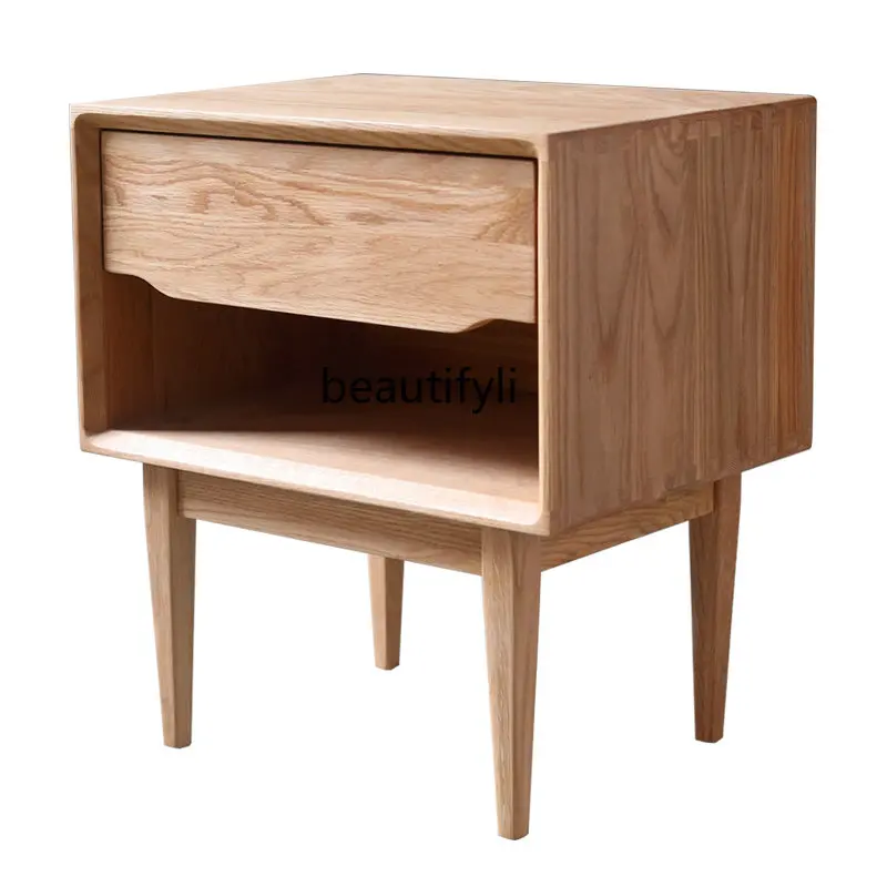 

White Oak Bedside Table Nordic Solid Wood Bedside Cabinet Wood Color Storage Drawing Cabinet Two-Drawer Cabinet
