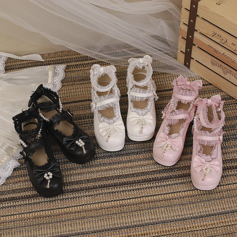 Women's Cute Lolita Shoes with Bow Bead Lace Perfect for Cosplay and Everyday Wear by Girls Who Adore Princess and Maid Costumes