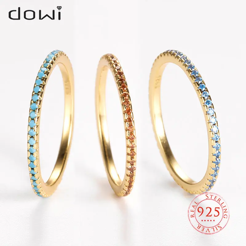 Dowi Rings for Women 925 Silver Colorful CZ Simple Thin Gold Finger Ring Stack-able Couple Dating Simulated Diamond Fine Jewelry