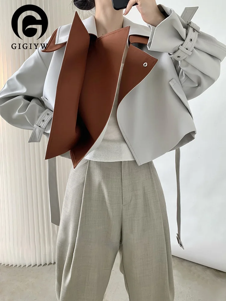 

Женское контрастное пальто GIGIYW, осеннее пальто со съемным большим отложным воротником и длинным рукавом, с регулируемым поясом, новинка 2022