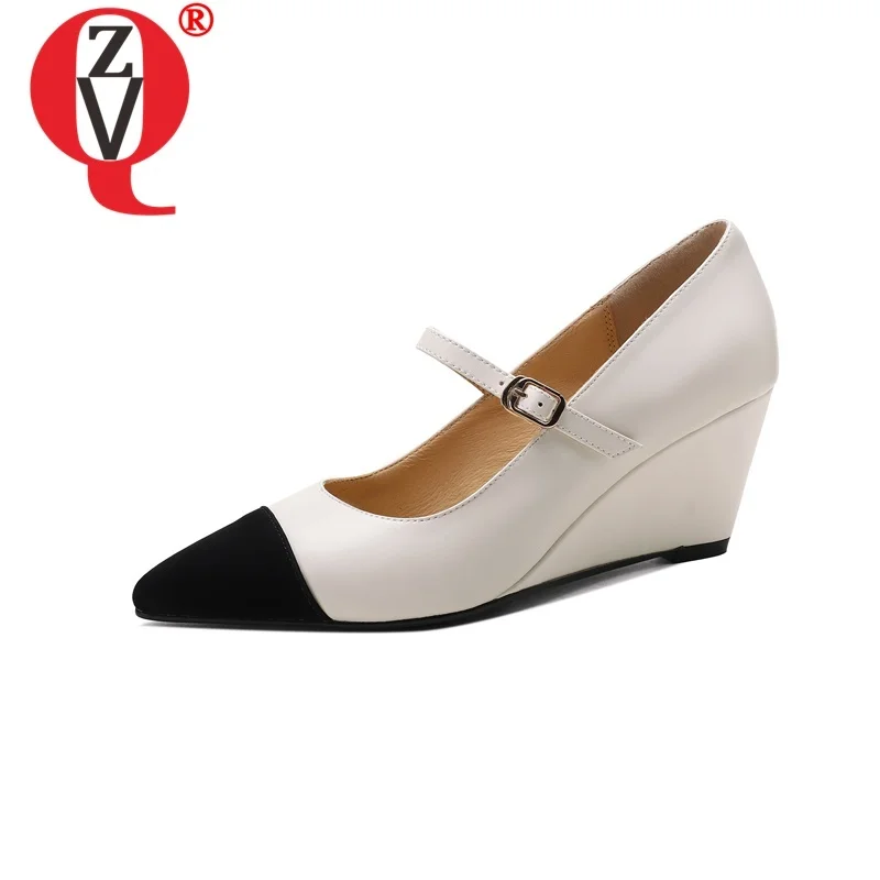 

ZVQ Woman Pointed Toe Pumps Genuine Leather Front Buckle Strap Drop Shipping High Heels Wedges Office Ladies Dress Shoes
