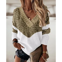 fashion colorblock leopard cheetah print sweater for women autumn winter ladies v neck casual top long sleeve casual sweater