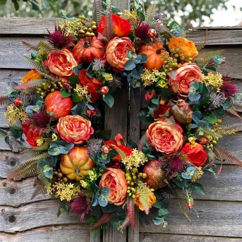 

Осенний венок с пионами и тыквой для входной двери, домашний фермерский декор, праздничный венок на День Благодарения, Декор