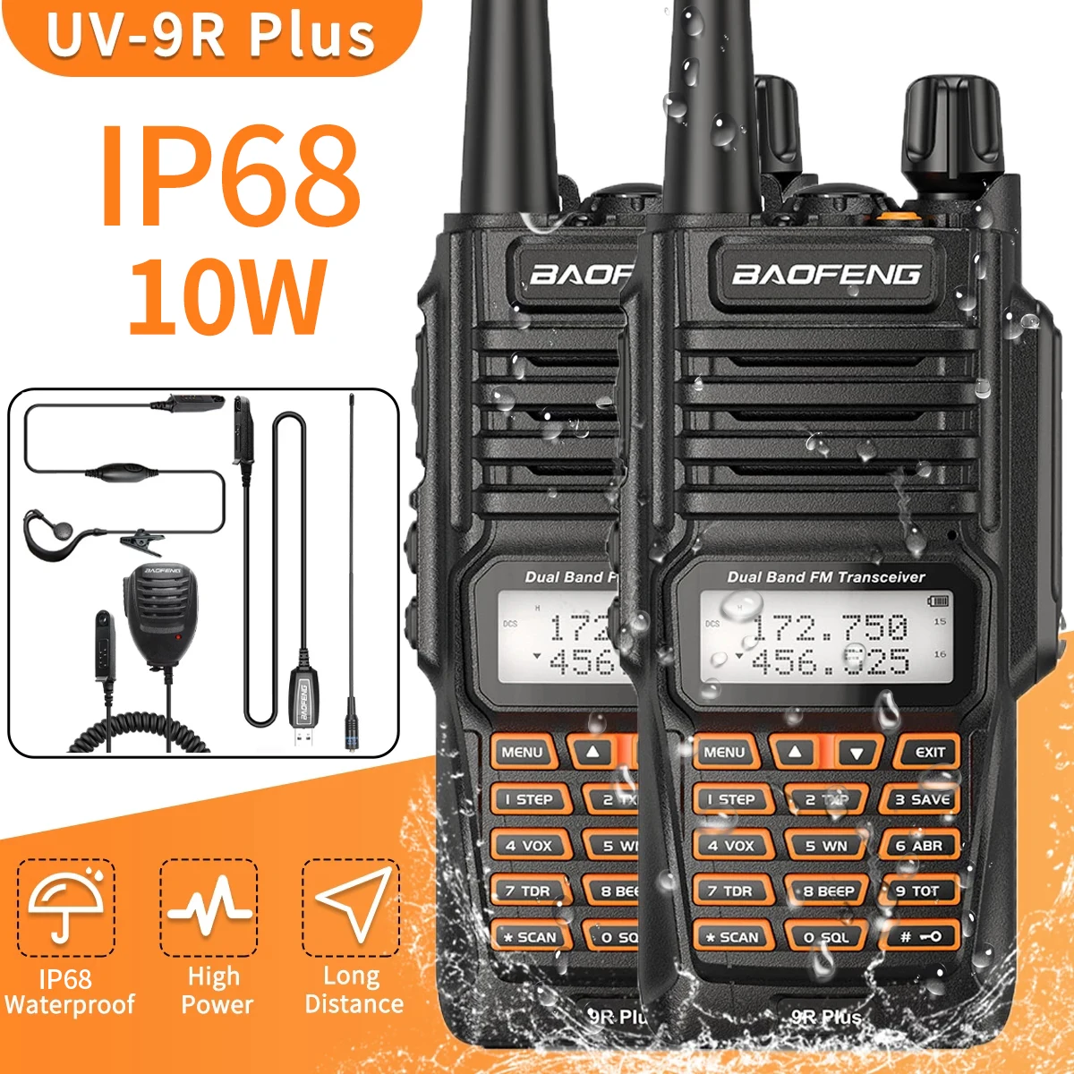 

2PCS Baofeng UV-9R Plus Hign Power Dual Band 136-174/400-520MHz IP68 Waterproof Ham Radio BF-UV9R Walkie Talkie Long Range