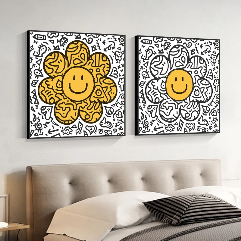 

Nordic Art Poster Graffiti Ins Wind Abstract Sun Flower Smiley Face Wall Art Canvas Painting Posters For Living Room Home Decor