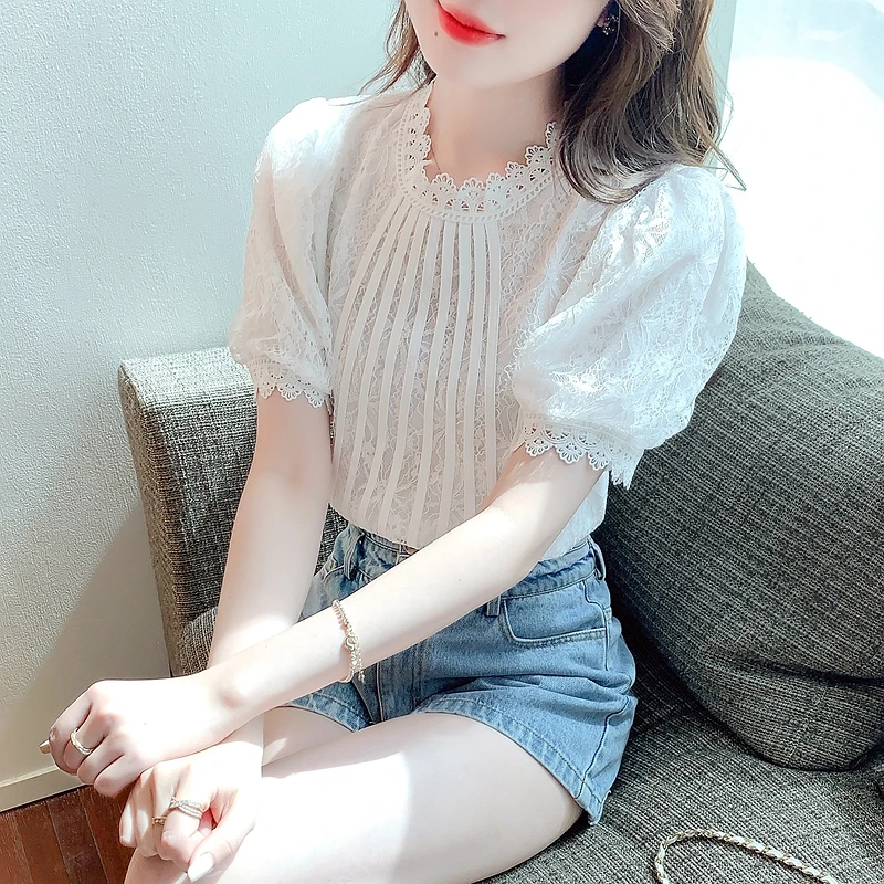 

Chiffon Women's Blouse Large Size Lace Shirt Summer Elegant Short Sleeve White Top Fashion Female 2022 New Loose Clothing