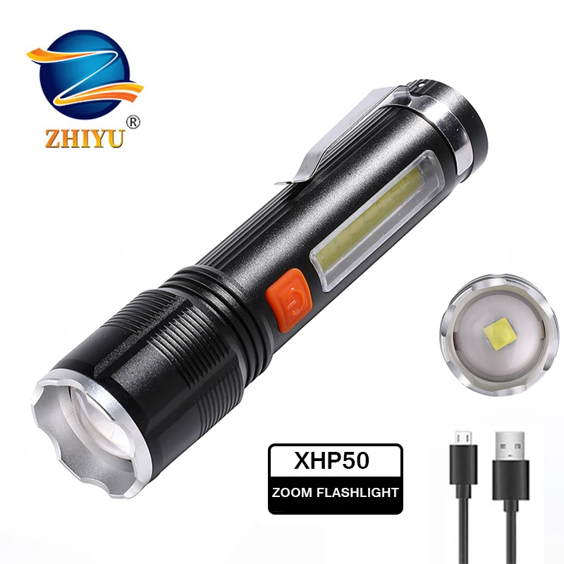 

USB Rechargeable Zoom Outdoor P50+cob LED Flashlight 2022 New Portable Lighting Light 4 Core Camping Torch with Built-in Battery