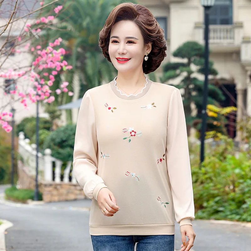 

Middle Age Women Long Sleeve Bottom Knitted T-shirt Spring Fall Clothing Mujer Tee Tops Casual Pullover Mother Clothes
