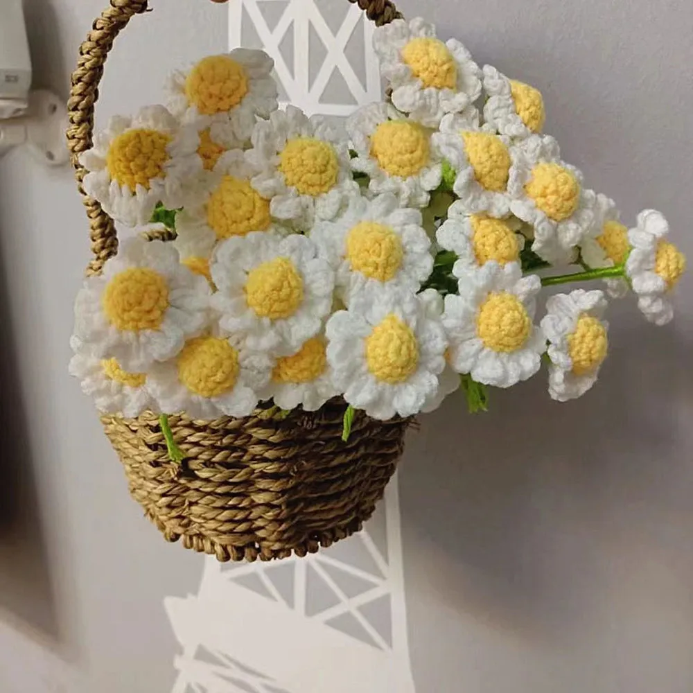 

Finished Hand-knitted Handmade Yarn Crochet Bouquet Decorative Wedding Artificial Daisy Flowers Home Decoration Gift