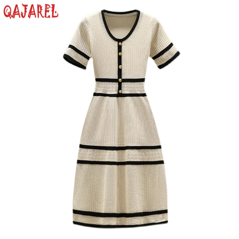 

Summer White Knitted Cotton Light V-Neck Sexy Midi Dress Women Korean Fashiion Casual Party 2023 Elegant Bodyocn Striped Dresses