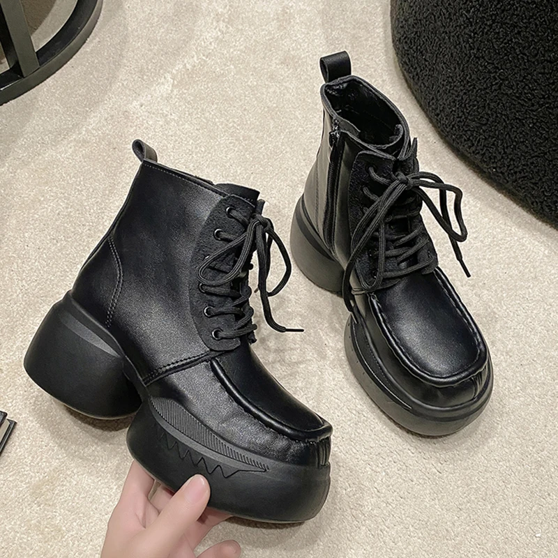 

Chelsea Boots Fashion Women High Heels Shoes 2023 New Winter Goth Chunky Boots Ankle Snow Round Toe Lace Up Motorcycle Botas