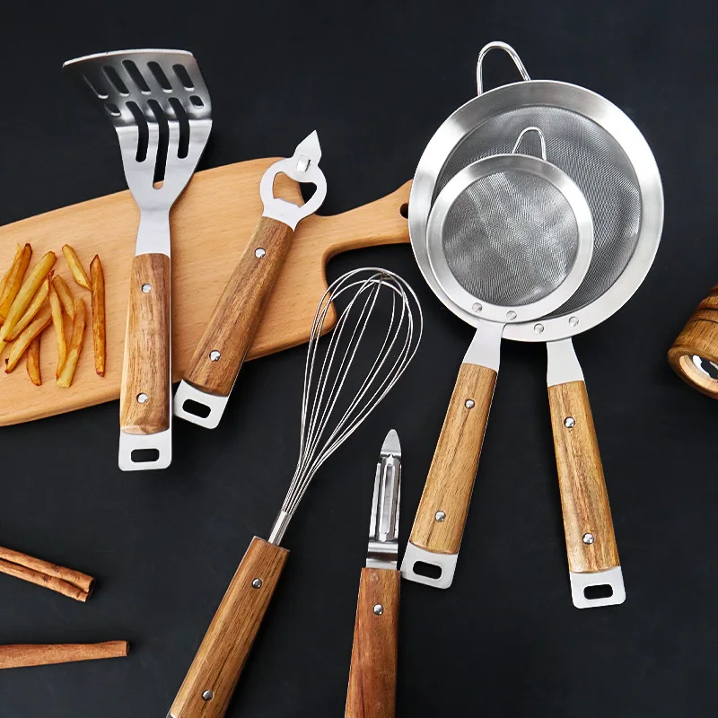 

Stainless Steel Kitchen Gadgets And Accessories With Wooden Handle Egg Beater Peeler Bottle Opener Oil Filter Cooking Utensils