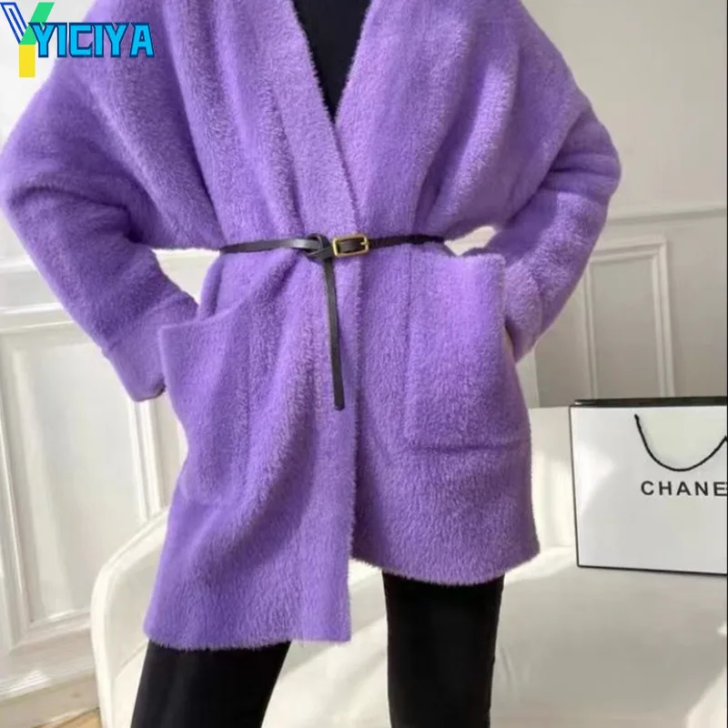 YICIYA Faux Mink Cashmere Cardigan Sweater Loose Pull Winter Clothes Women Femme Sleeve Coat Thickness Warm Knitted Outwear Top images - 6