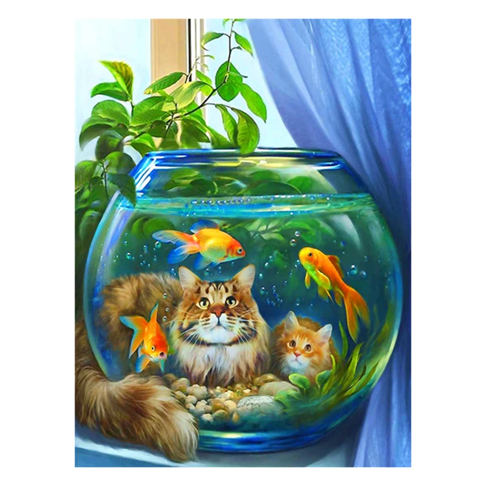 

5d diamond painting cat watching fish mosaic handmade full square/round diamond embroidery home decoration