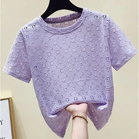 womens top 2022 summer new fashion o neck short sleeve casual t shirt female hollow out basic tshirts tee shirts women clothing