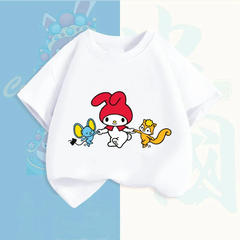 

Summer My Melody Children T-Shirt Sanrio Anime Cartoons Casual Clothes Girl Boy Short Sleeve Tops Girl Heart Kawaii Gift