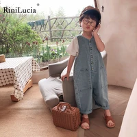 rinilucia 2022 summer jumpsuit for girls children trousers single breasted playsuit long pants denim jeans kids overalls