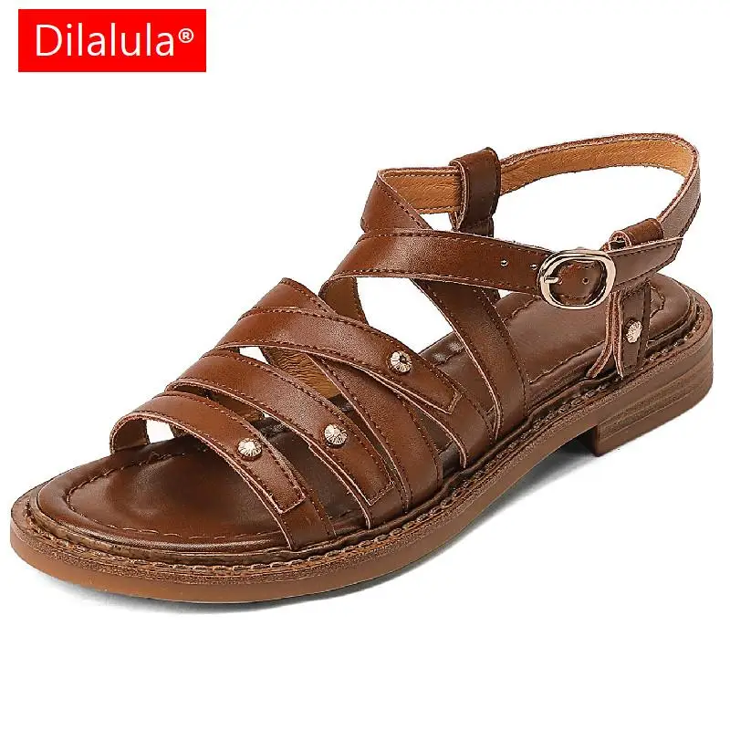 

Dilalula New Arrival Women Sandals Rome Style Rivet Narrow Band Genuine Leather Low Heels Shoes Woman 2023 Summer Casual Working