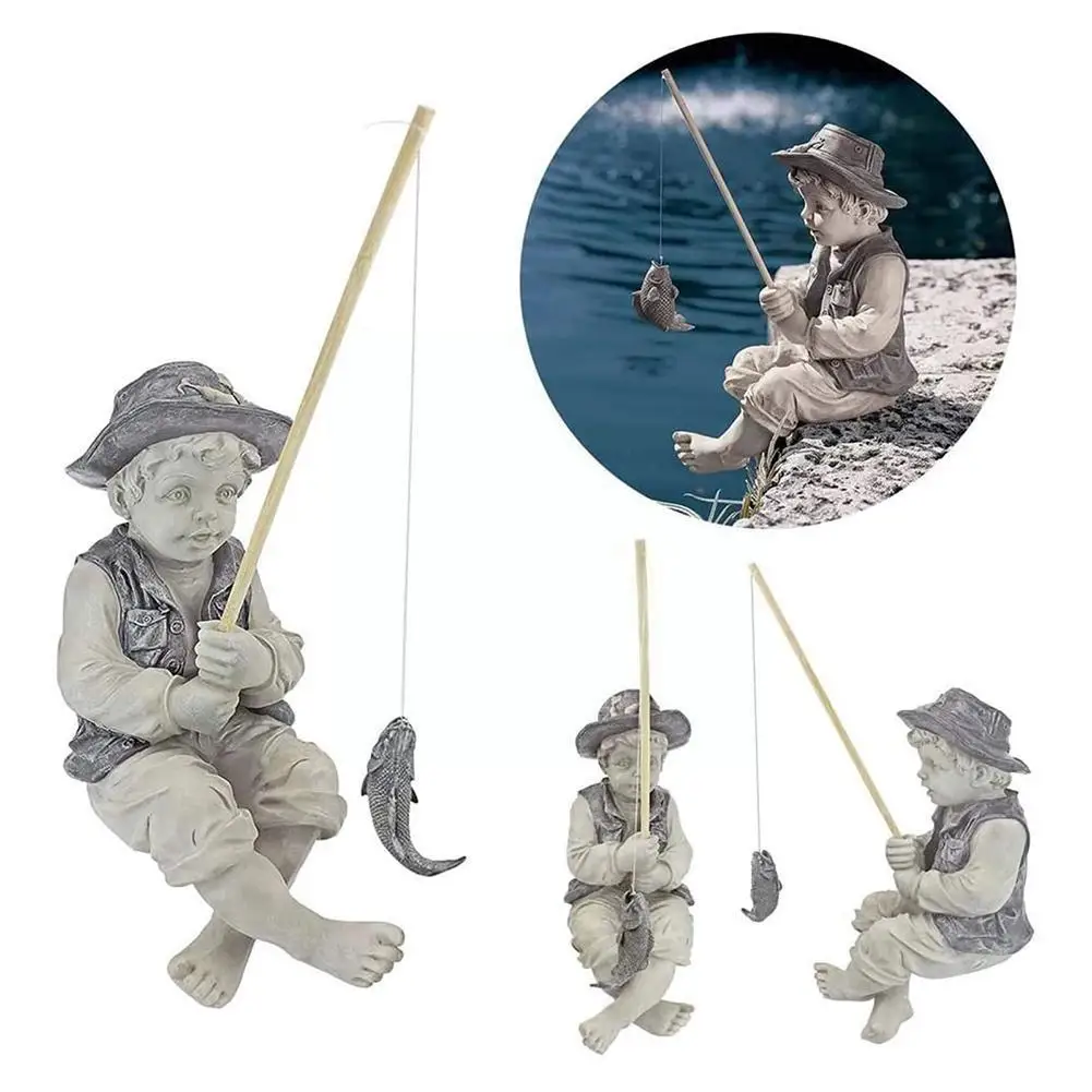 Garden Statue Gone Fishing Boy Garden Ornaments Resin Fisherman Boy With Fishing Rod Figurine Sculpture For Pool Pond Yard Y1h8 images - 6