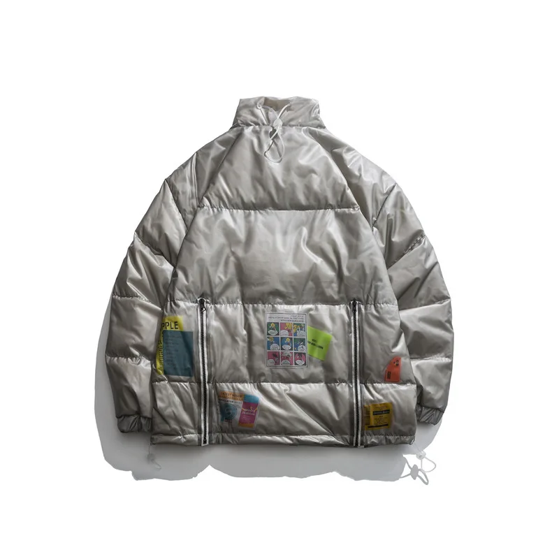 Men Hip Hop Oversize Padded Bomber Jacket Unisex Transparent DIY Decorative Label Parka Harajuku Winter Down Jacket Coat Outwear