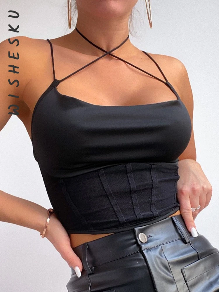 

Женский укороченный топ с открытыми плечами, черный топ на шнуровке с открытой спиной в готическом стиле, одежда в стиле Харадзюку Y2K на лето...