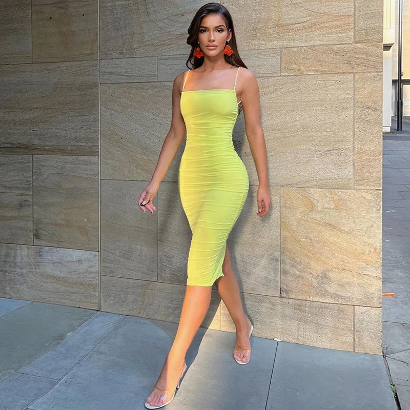 

Sleeveless Slips Backless Draped Folds Slit Midi Prom Dress Summer Women Sexy Slim Vacation Party Y2K Wholesale Items