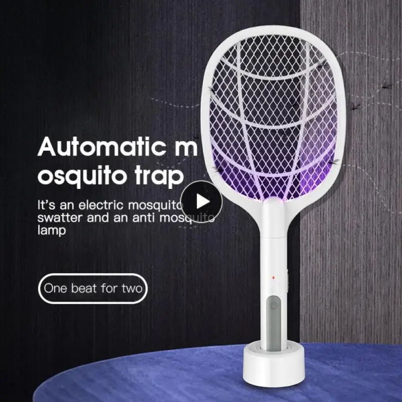 

With Base Holder Fly Swatter Trap 2 In 1 Mosquito Light Trap Usb Rechargeable Bug Zappers Handheld Mosquito Swatter 3000v