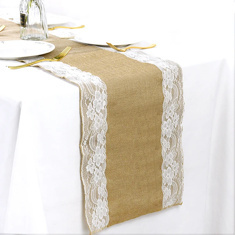 

Burlap Table Runner Vintage Wedding Decorations Lace Linen Table Cloth for Home Dinner Table Decor Fireplace Cover 108/96/70inch