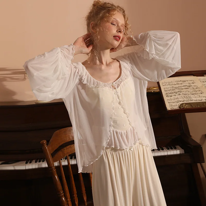 Women Spring Summer Sexy Lace Breathability Sling Cardigan with Chest Pad Gauze Modal Lounge Pajama Sets Three Piece Sleepwear