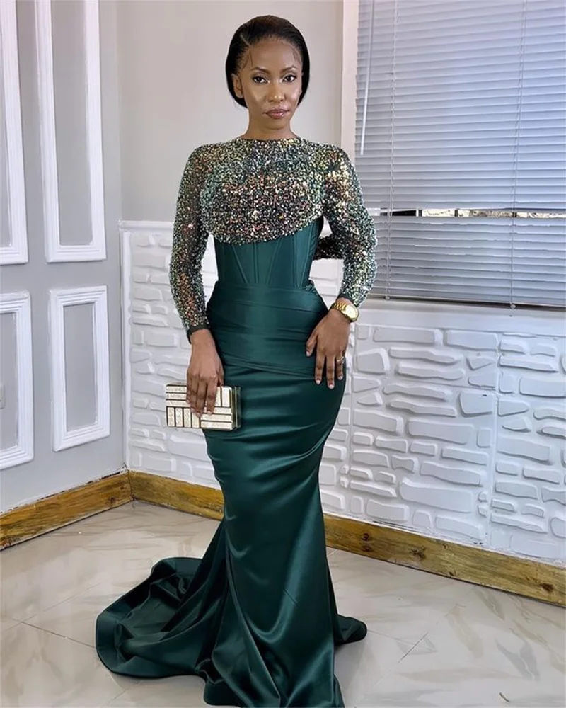 

Luxury Aso Ebi Sequin Evening Dresses O Neck Long Sleeves Meramid Party Dress African Style Long Formal Gowns Custom
