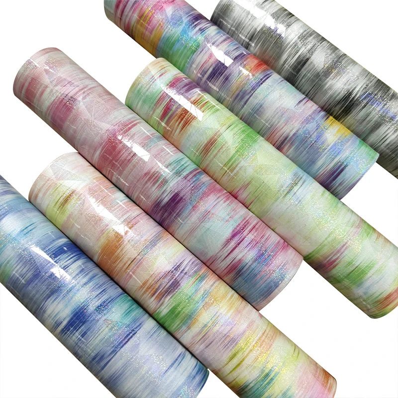 

Laser Rainbow Brushed Faux Leather Sheet Triangle Pattern Fine Powder Glitter Fabric for Sewing Bow Handbags DIY Craft Material