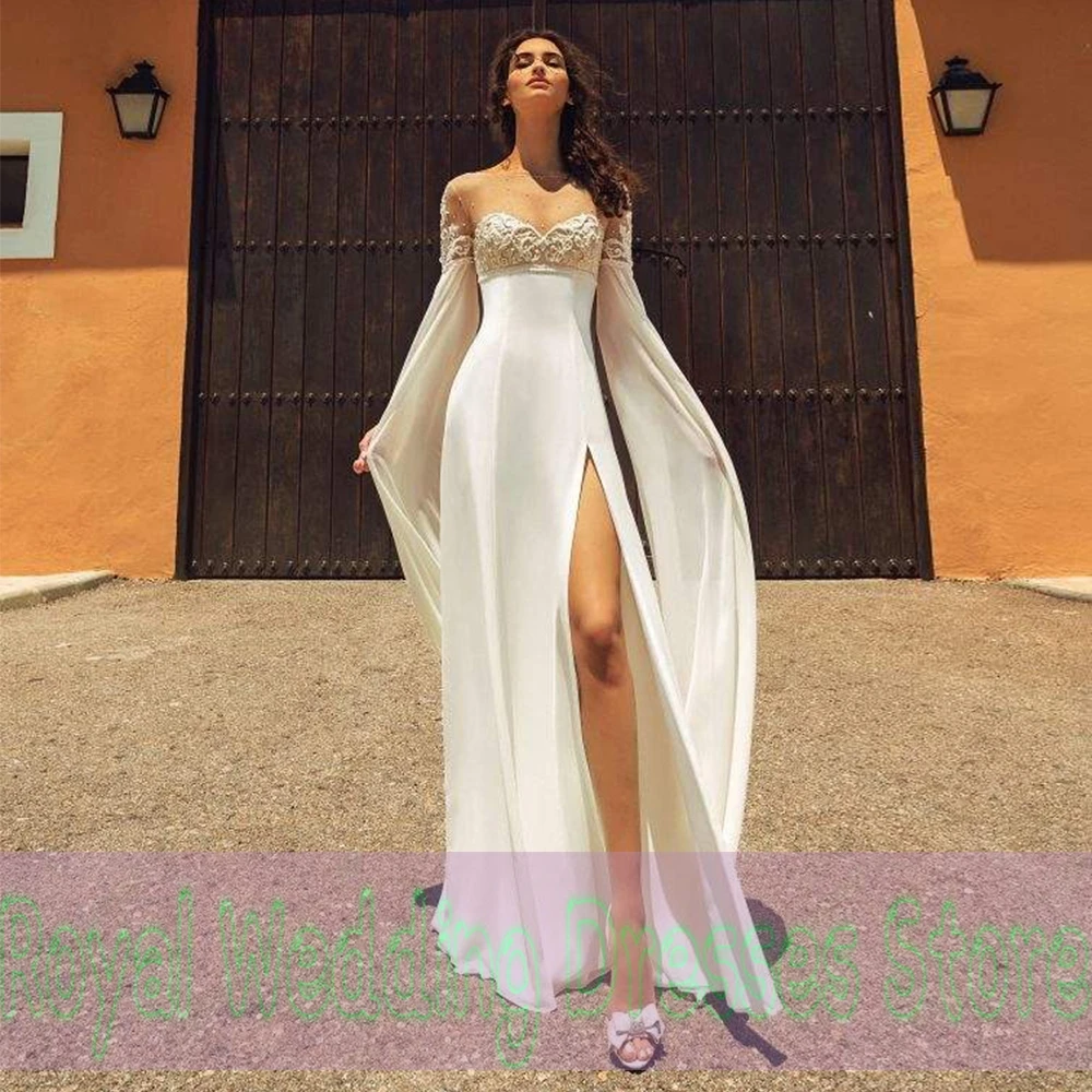 

Simple Wedding Gowns Tulle 2022 Summer Front/Side Slit Applique Front Slit Open Back Floor Length Bride Dress Vestido De Noiva