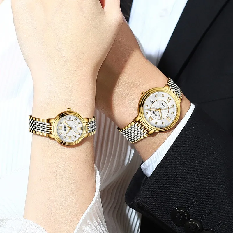 Lovers' watch light luxury ultra-thin steel band calendar small three needle diamond dial fashionable men's and women's watches