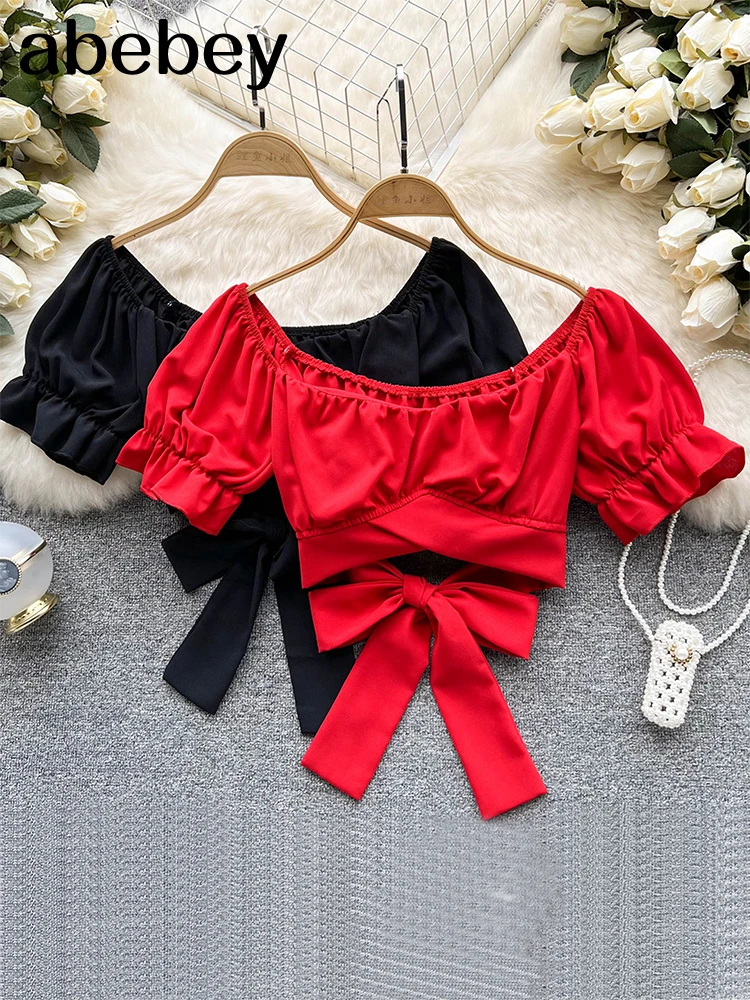 

Женская блузка с открытыми плечами, летние топы, новинка 2022, модные повседневные облегающие Привлекательные Короткие топы с вырезом-лодочк...