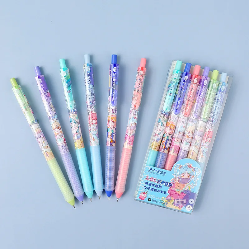 

6 Pcs/set Kawaii Japanese Harajuku Girl Presses The Pen Black 0.5mm Cute Cartoon Gel Pen Student Stationary Supplies