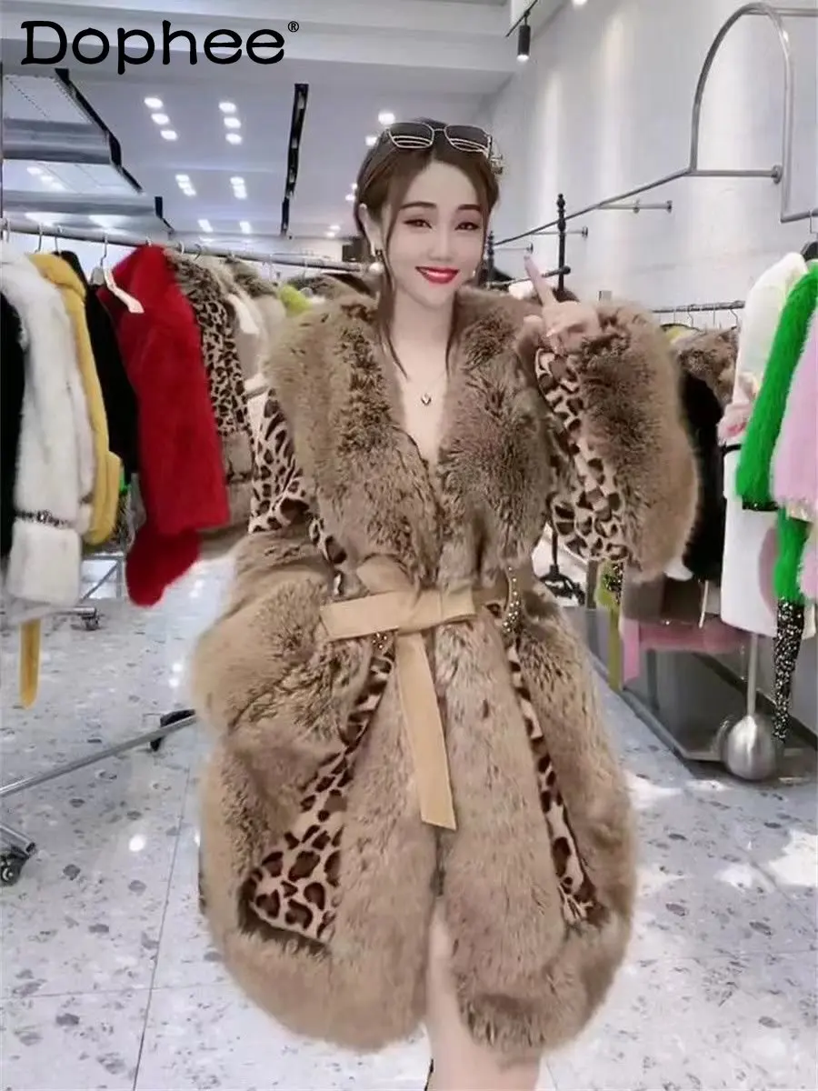 2022 New Fall Winter Coat Women's Mid-Length Fur Collar Thickened Warm Leopard Fur Jacket Korean Lace-up Fur Overcoat Femininas