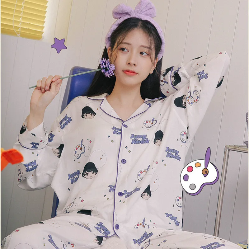 Купи Пижамный комплект Kpop Bangtan Boys, домашняя одежда с длинным рукавом для женщин, домашняя одежда для JK JIN JIMIN V SUGA RM JH за 1,799 рублей в магазине AliExpress
