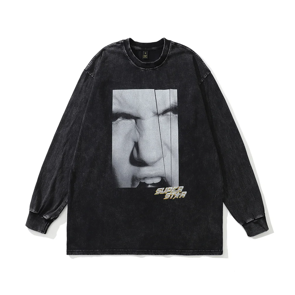 

Distressed Long Sleeve Tshirt Angry Men Print Sweatshirt Oversize Casual High Street Washed T Shirt Loose Fashion Streetwear Top
