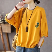 cotton short sleeved t shirt womens 2022 summer national tide retro new embroidered loose large size thin round neck top tees