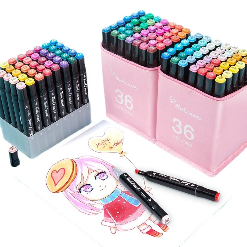 36-color Double-headed Marker Pen Set Color Flower Bag Children's Anime Color Brush Art Marker Pen Alcohol Oily Coloring Pen