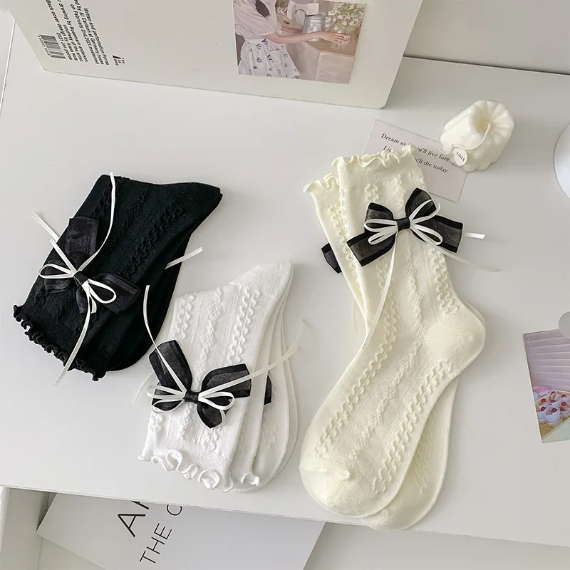 Lolita Bow knot Socks Women JK White Cotton Socks Female Sweet Long Socks Ankle Calcetines mujer Medias