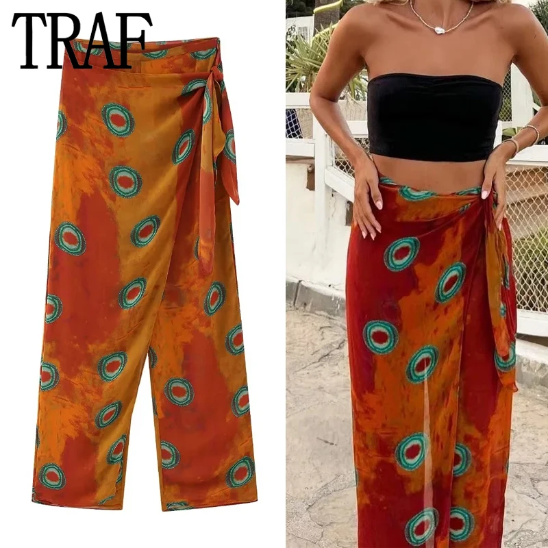 

Брюки-парео женские с широкими штанинами, завышенной талией и принтом