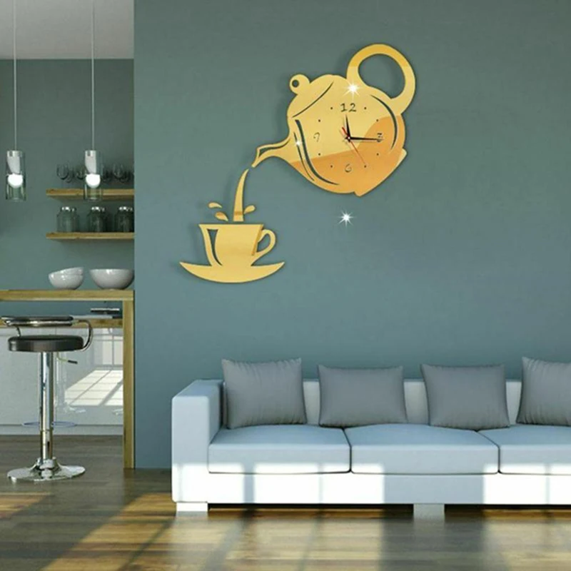 

Hot Living Room Pointer Silent Mirror Tea Kettle Wall Sticker 3D Decorative Wall Clock Mirror Kettle Wall Sticker Wall Clock