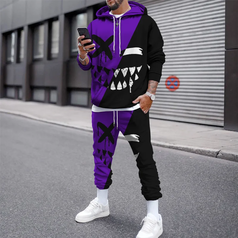 Cotton XX Smiley Face Printed Autumn and Winter Pullover Sweashirts Men Tracksuit Casual Hoodies Pants Set Men's Clothing Suit