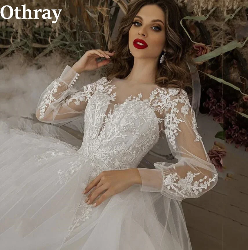 Фото Othray Сладкие кружевные свадебные платья трапециевидной формы с пышными рукавами и шнуровкой сзади Свадебные платья Contry Vestidos De Novia №3