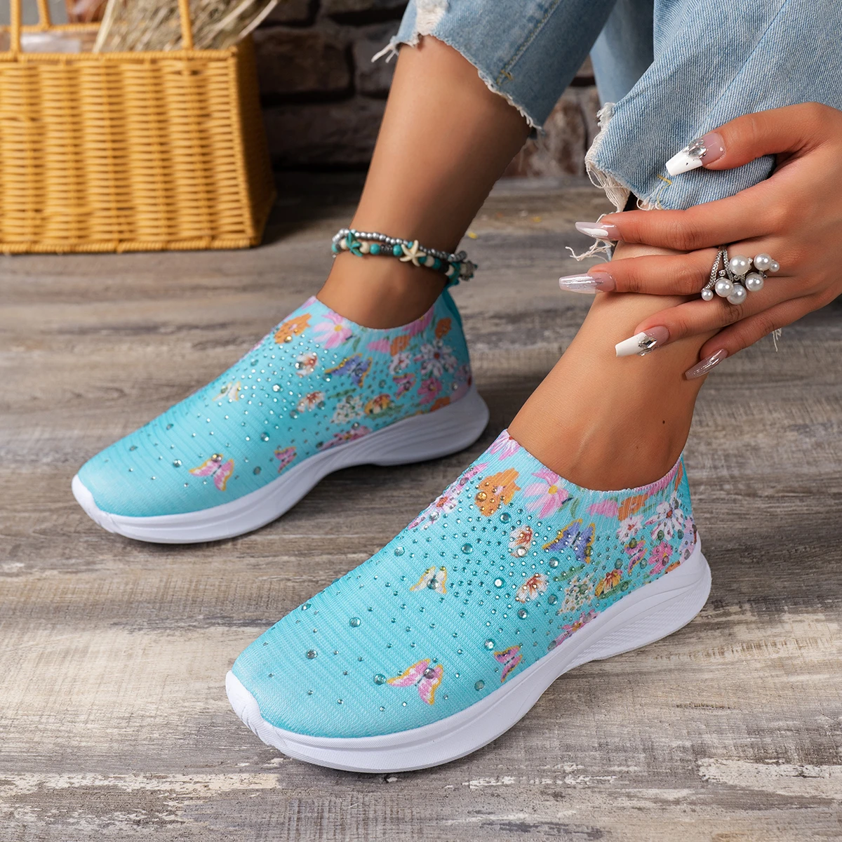 Summer Sneakers Women Flat Shoes Crystal Fashion Bling Sneakers Casual Slip On Sock Trainers Ladies Vulcanize Shoes Basket Femme