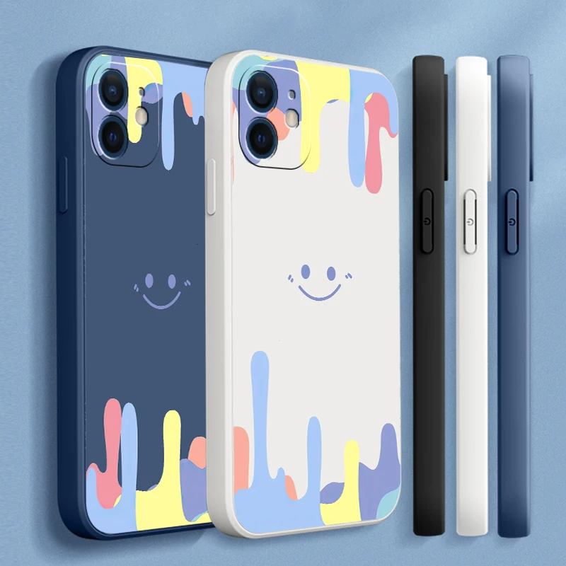 

For iPhone 13 12 11 Pro XR X XS Mini Max Liquid Silicone Phone Case For iPhone 6 6s 8 7 Plus Color Smiling Face Funda Couqe Capa