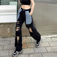 high waist stretch raw edge frayed hole pockets outturned casual wide leg jeans loose womens trousers spring and autumn fashion