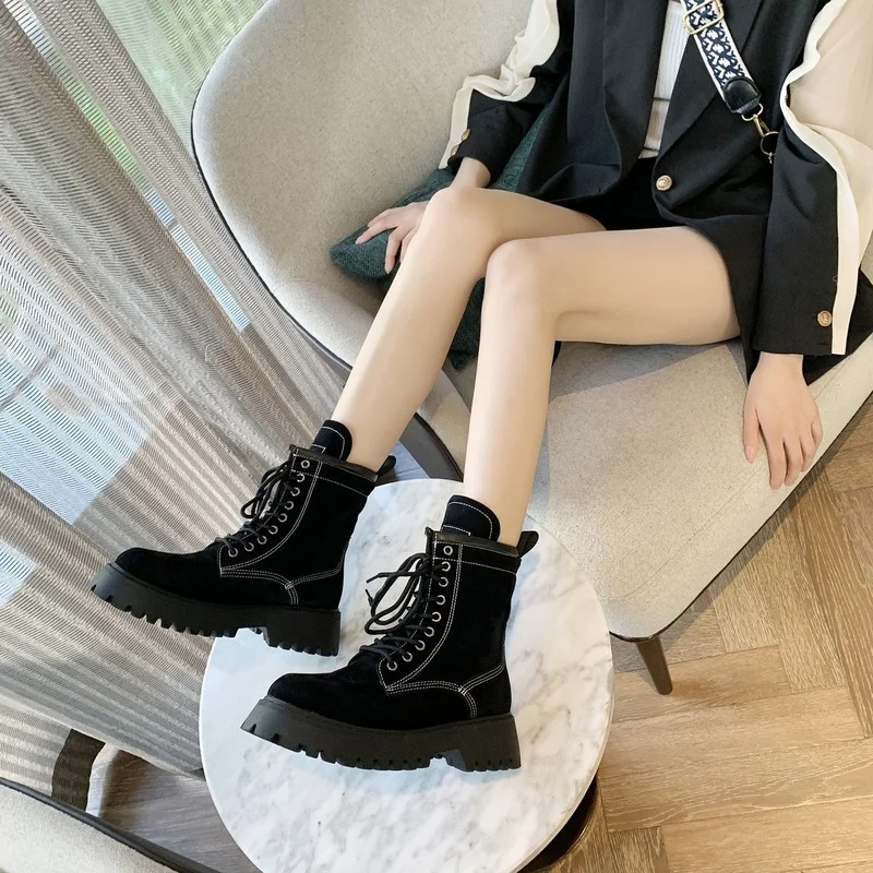 2022 Women Boots Cow Suede Leather Motorcycle Boots Lace-up Shoes Med Heel Ladies Ankle Boots Autumn Woman Shoes Botas De Mujer
